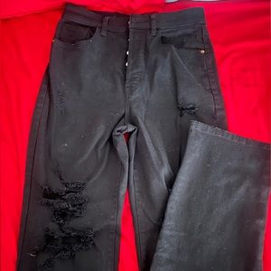 Button up long black ripped Mom Jeans